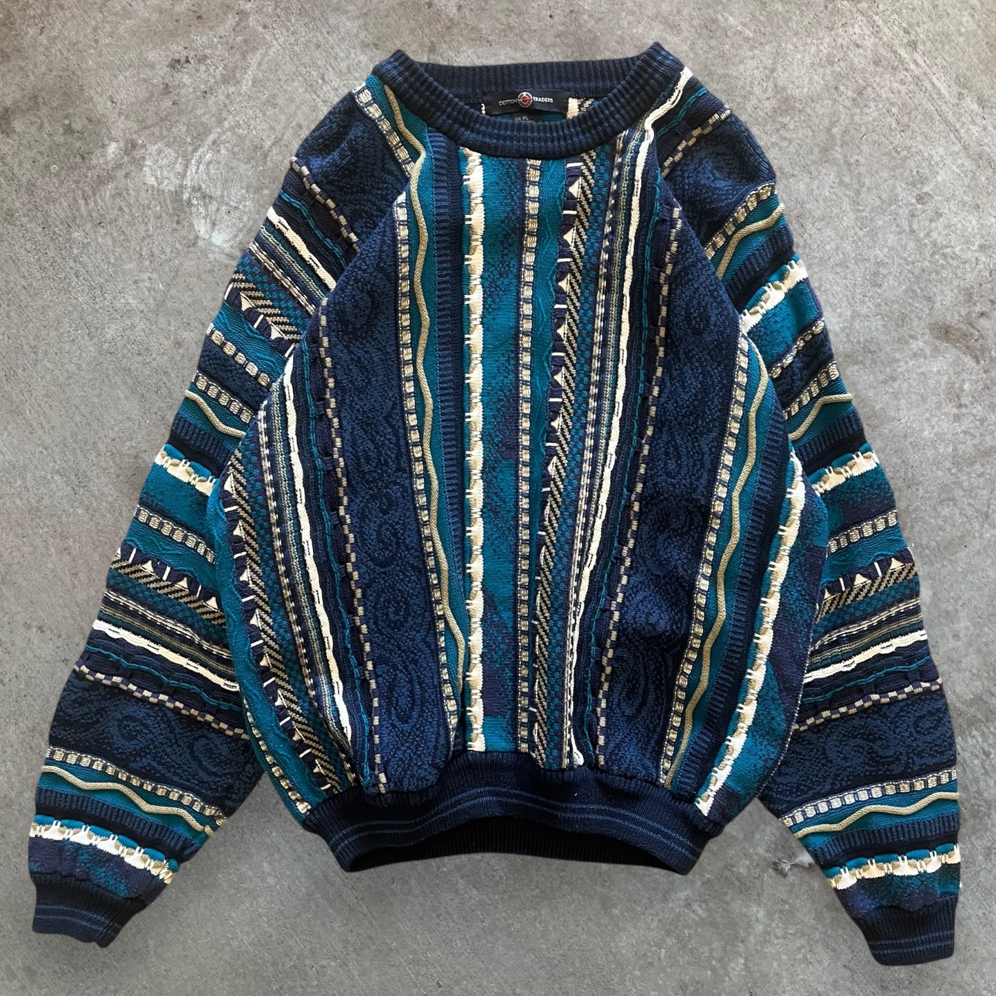 (XL) 90s Cotton Traders Blue Multicolor 3D Knit Sweater